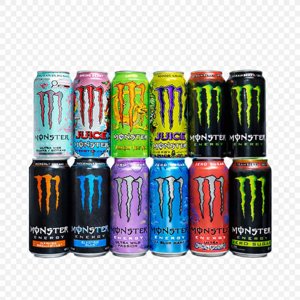 Monster Energy drinks range including Voodoo Grape, Punk Punch and Strawberry Shot