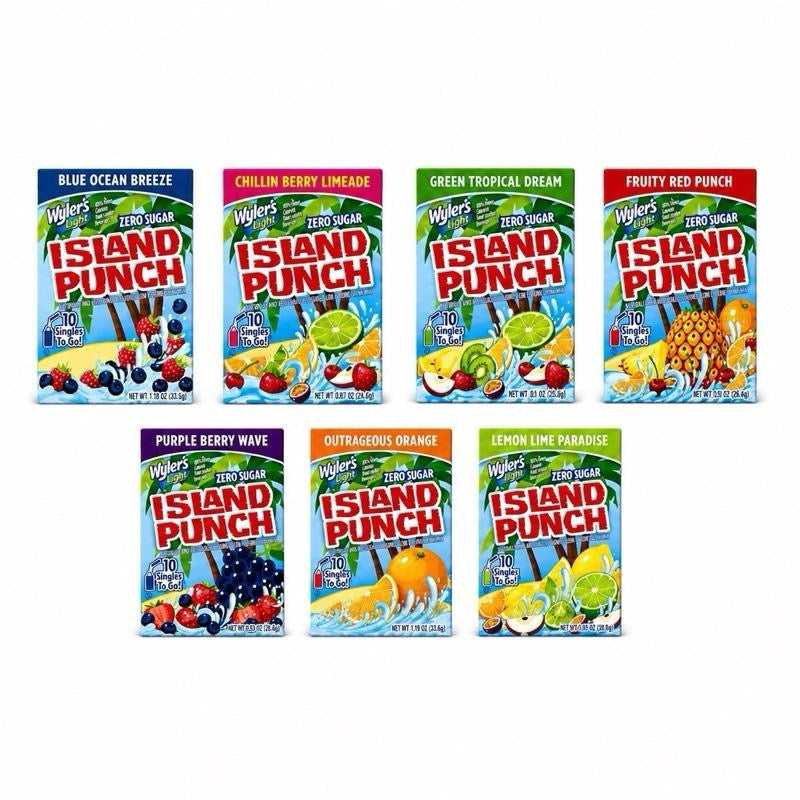 Wyler's Island Punch Zero Sugar Beverages - Blue Ocean Breeze, Chillin' Berry Limeade, Green Tropical Dream, Fruity Red Punch, Purple Berry Wave, Outrageous Orange, Lemon Lime Paradise