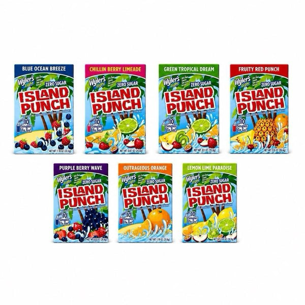 Wyler's Island Punch Zero Sugar Beverages - Blue Ocean Breeze, Chillin' Berry Limeade, Green Tropical Dream, Fruity Red Punch, Purple Berry Wave, Outrageous Orange, Lemon Lime Paradise