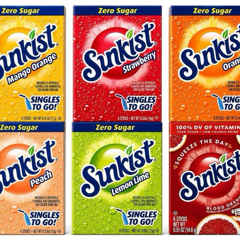 Sunkist Singles to Go! Zero Sugar Mango Orange Strawberry Peach Lemon Lime Blood Orange Beverages 6 Sticks 0.51 oz Each