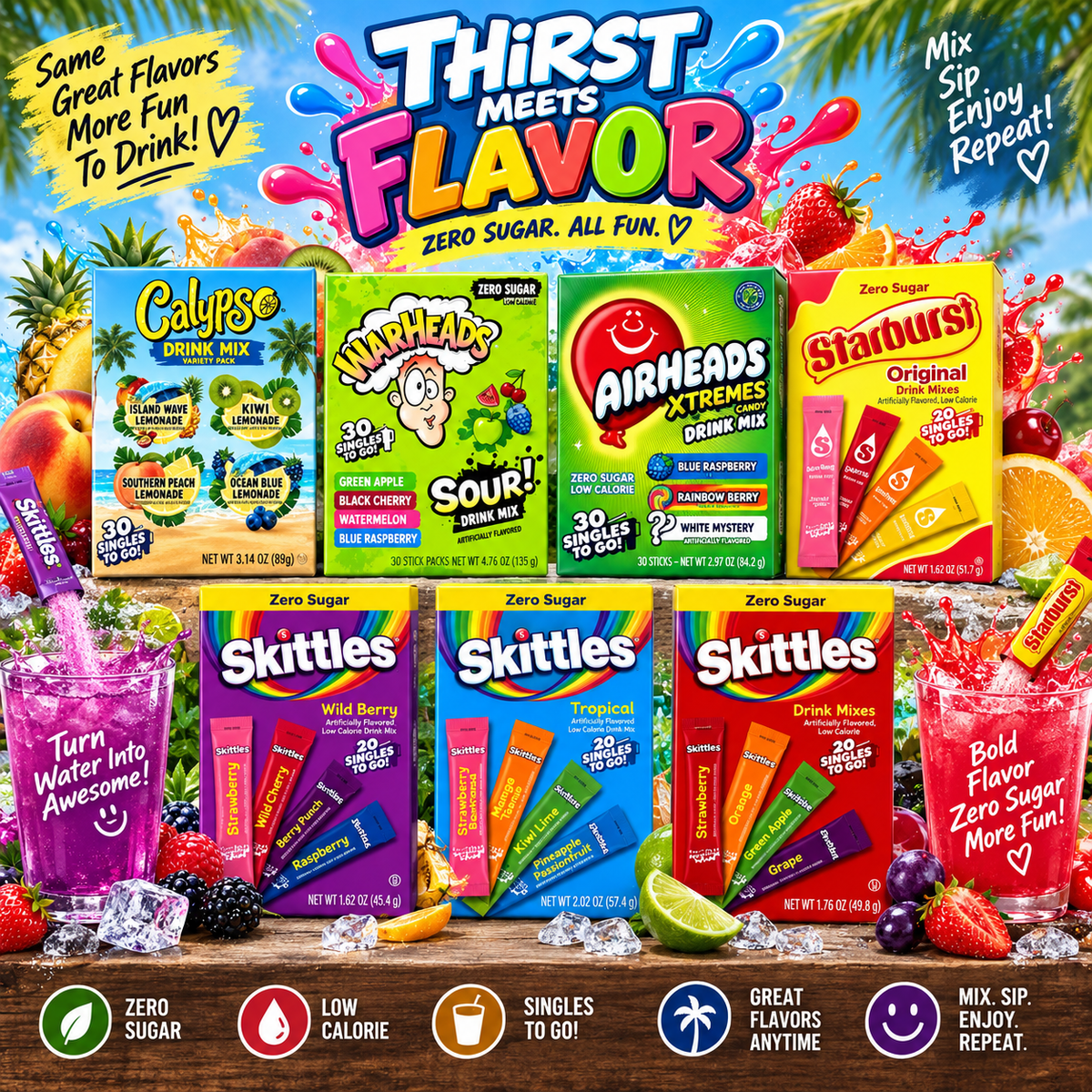 Mixed American Drink Mixes - Amazing Refreshment From Amazing Brands Zero Sugar Skittles & Starburst Beverages-1
