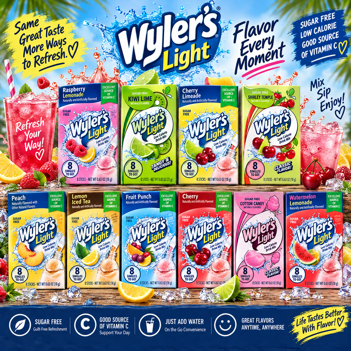 Wylers Light American Drink Mixes - 8 Singles Per Pack - Refreshing Sugar-Free Beverages - Perfect for Any Occasion
