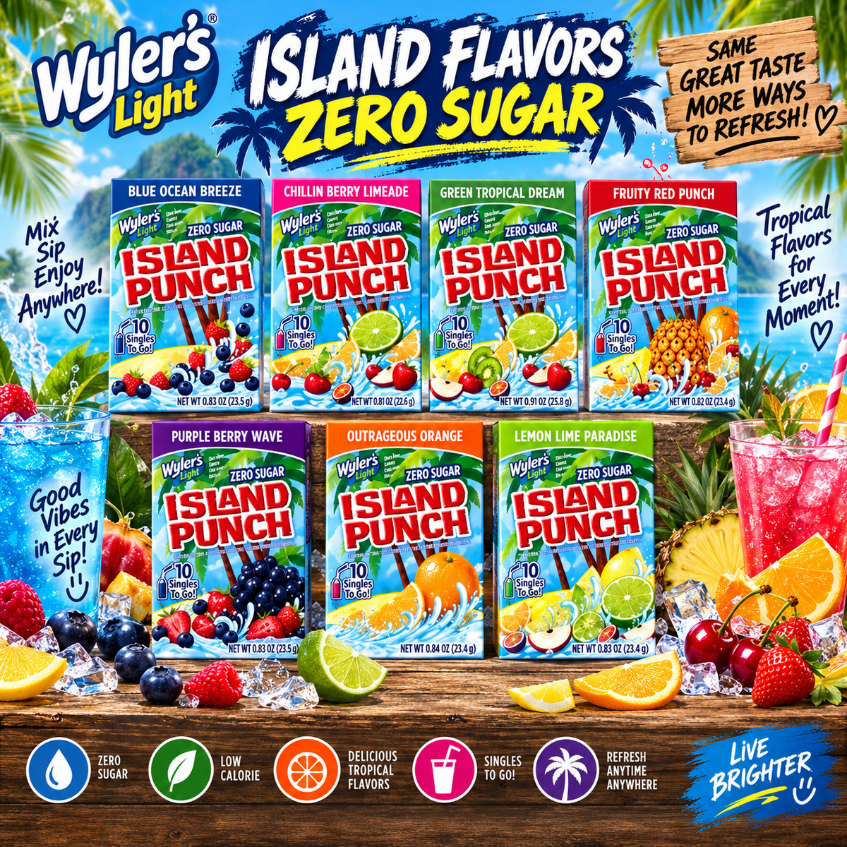 Wyler's Island Punch Zero Sugar Beverages - Blue Ocean Breeze, Chillin' Berry Limeade, Green Tropical Dream, Fruity Red Punch, Purple Berry Wave, Outrageous Orange, Lemon Lime Paradise