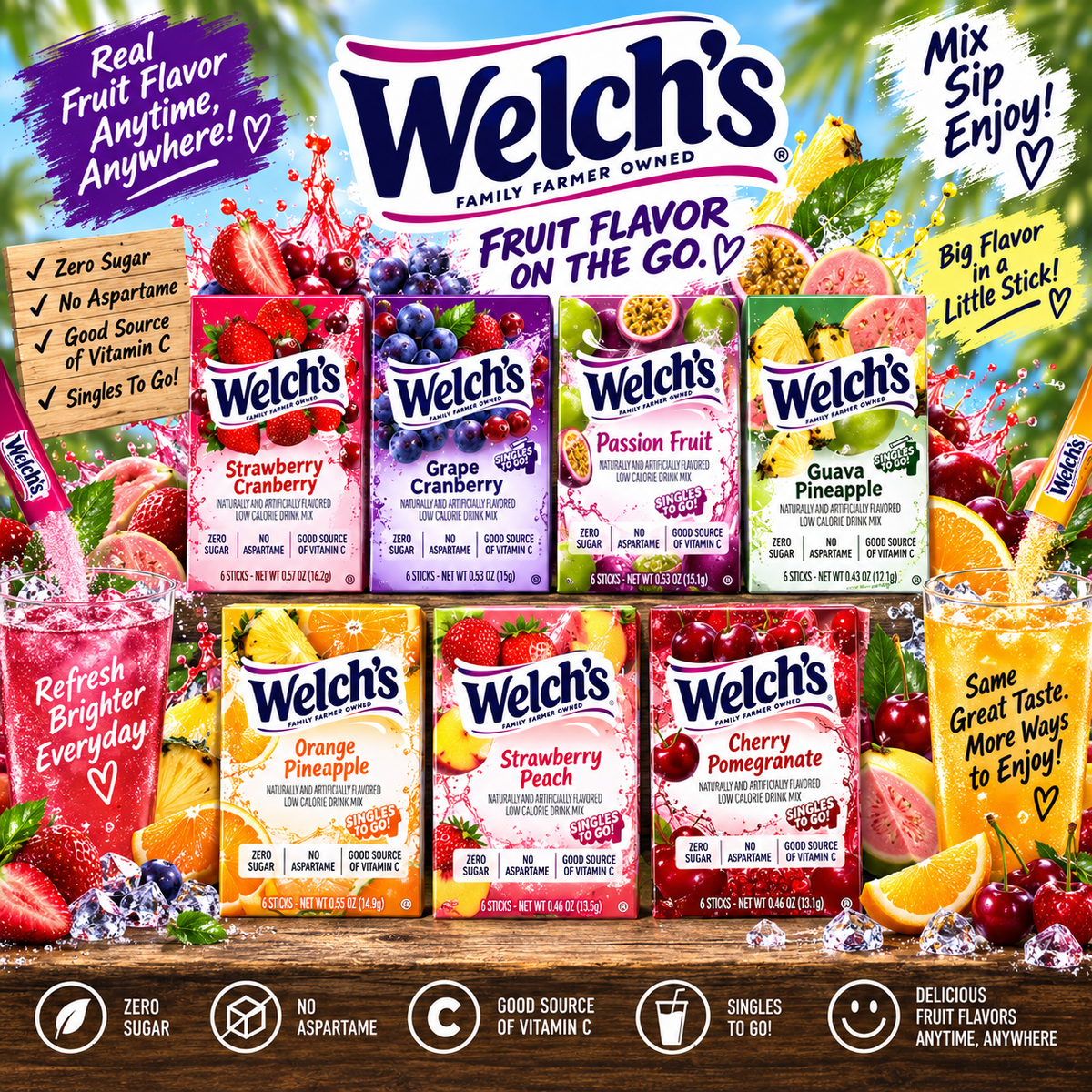 Welch's Drink Singles to Go Low Calorie Drink Mix Naturally and Artificially Flavored Zero Sugar No Aspartame Good Source of Vitamin C