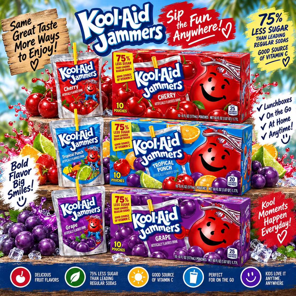 Kool-Aid Jammers - Cherry Tropical Punch & Grape Flavours - 10 Pouches Each - 75% Less Sugar - Refreshing BonBon Beverages - Snack Bubblegum